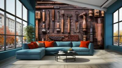 A collection of woodworking tools are displayed on a wooden surface Wall mural