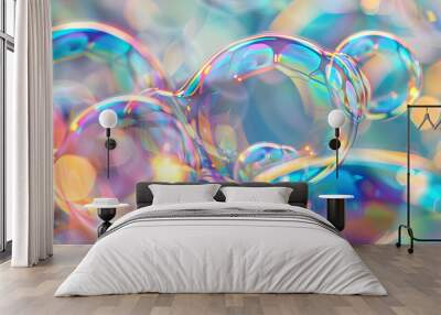 A colorful bubble with a rainbow pattern. The bubbles are floating in the air and appear to be floating in a pool of water Wall mural