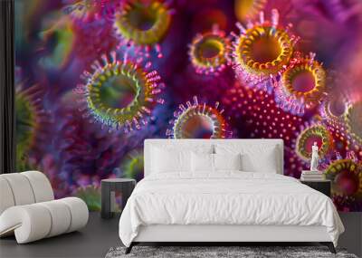 A colorful image of many small, round objects with a bright pink background Wall mural