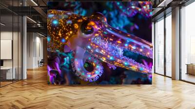 A colorful octopus with glowing eyes is swimming in the ocean.  Wall mural