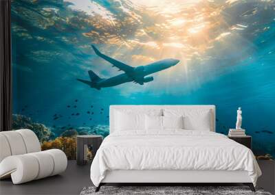 A large airplane is flying over a coral reef Wall mural