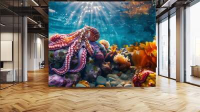 A large octopus is swimming in the ocean next to some coral Wall mural