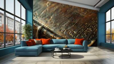 A leather bound book with gold embossing on the spine Wall mural