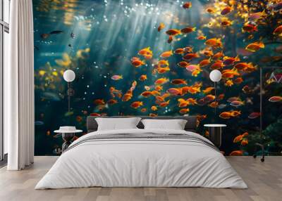 A school of brightly colored fish swimming in the ocean Wall mural