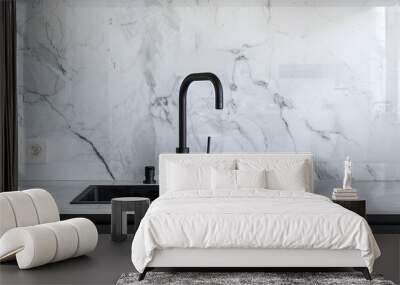 A sink with a black faucet is in front of a white wall Wall mural