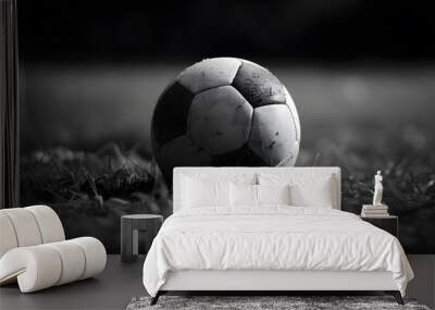 A soccer ball is sitting on the ground in a field Wall mural