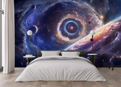 A space scene with a large hole in the middle of it.  Wall mural