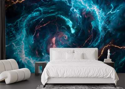 A swirling blue and green storm of electricity.  Wall mural