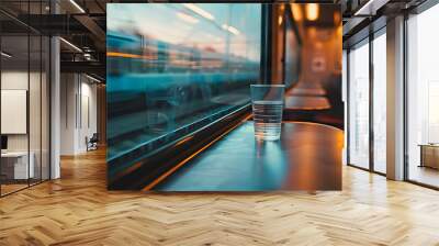 A white coffee cup sits on a table in front of a window Wall mural