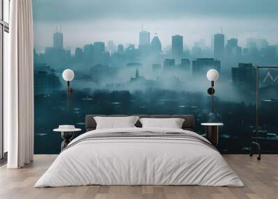 Foggy cityscape with tall buildings and a misty atmosphere Wall mural