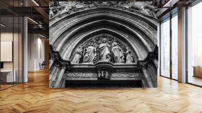 The image is a black and white photo of a church with a large archway Wall mural