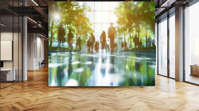 Blurred background of people walking in a modern office building with green trees and sunlight , eco friendly and ecological responsible business concept image with copy, Generative AI Wall mural