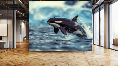 World Oceans Day Save Environment Concept, orca wales jumping out of sea surface, Global warming and preserving life on Earth, The glacier melting and and endangering the wildlife, Generative AI Wall mural