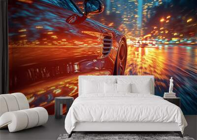 Car driving on the road, with a blurred background of a night cityscape. Wall mural