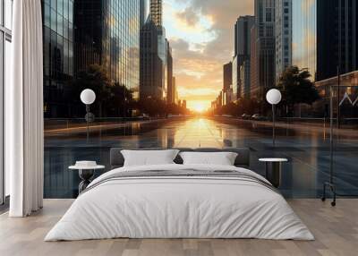 Long street in a modern city with skyscrapers, sunset at the end of the street, 3D effect Wall mural