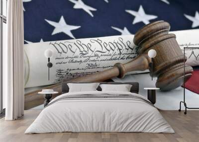 Wooden Judge's Gavel and Constitutional document. Wall mural