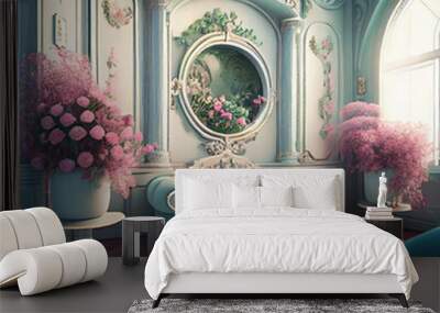 Generative AI: finely decorated fantasy room in pink and blue Wall mural