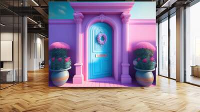 Generative AI: pink and blue fantasy door illustration background Wall mural