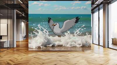 Cartoon seagull flying over ocean waves on sunny day Wall mural