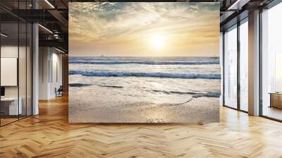 Beach, water and ocean with sunrise and mockup with blue sky and waves on horizon. Sea landscape, outdoor and nature with sunshine at the coast and seaside with sand and no people with clouds Wall mural