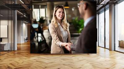 Businesswoman offering hand for handshake. Businessman and businesswoman handshake. Wall mural