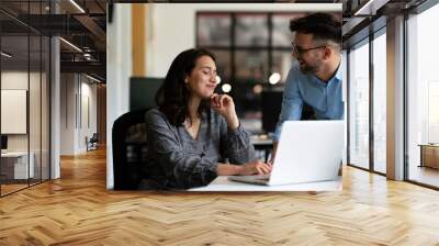 Colleagues in office. Businesswoman and businessman discussing work in office. Wall mural