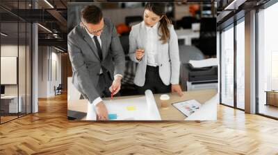 Colleagues working on the project. Businesswoman and businessman discussing work in the office.. Wall mural