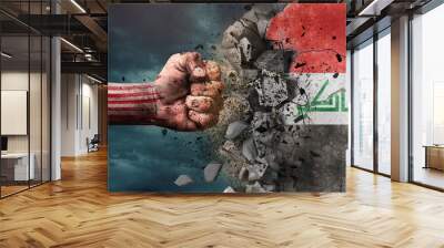 Fist breaking rock. USA destroying Iraq Wall mural