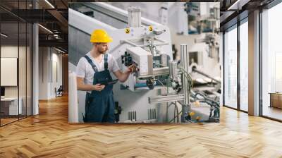 Man with helmet working in factory. Wall mural