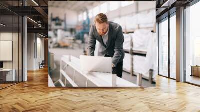 Manager checks machines at the factory. Inspector checks a factory. Wall mural