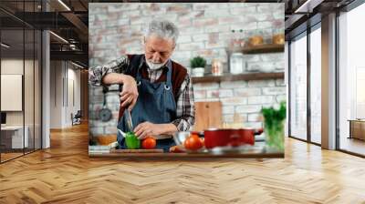 Old man in kitchen. Senior man cooking delicious food.  Wall mural