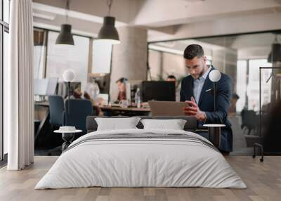 Portrait of handsome businessman. Man with his lap top in office.  Wall mural