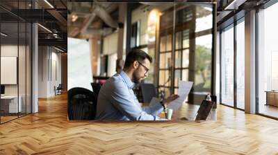 Young businessman using laptop in his office. Handsome man working on the project Wall mural