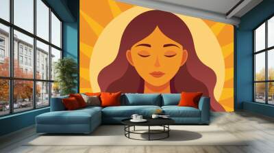  A close up of a womans face eyes closed in meditation with the sunlight casting a warm glow on her skin. Her serene expression conveys a sense Wall mural