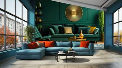  A modern living room with a deep emerald green accent wall. The setting sun casts long shadows on the plush velvet sofa, emphasizing the rich texture of the fabric. The Wall mural