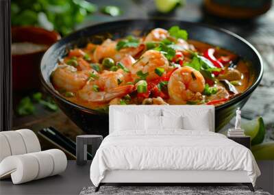 A black bowl filled with cooked shrimp and assorted colorful vegetables. Wall mural