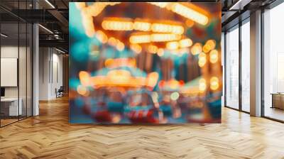 A blurred carnival scene with bright lights and spinning rides serves as the perfect setting for a day filled with family bonding and excitement. . Wall mural