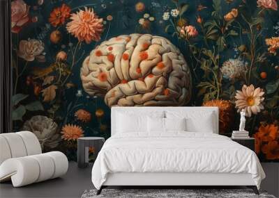 A brain surrounded by a garden of various blossoming flowers indicating the diverse range of thoughts and theories within metaphysics. Wall mural