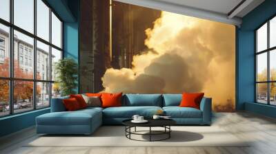 A burst of steam from a tall cylindrical vessel indicates the intense heat and pressure used in the manufacturing of sulfuric acid with safety measures such as warning lights Wall mural