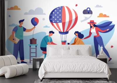 A bustling balloon art workshop with artists diligently working on creating various patriotic sculptures.. Vector illustration Wall mural