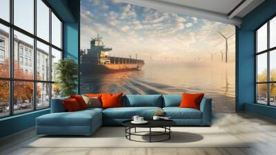 A cargo ship floats on the calm waters of a harbor its large engines rep with hydrogen biofuel cells reducing its carbon footprint and paving the way for a more sustainable shipping . Wall mural