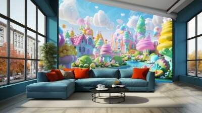 A cartoonlike world made up of playful and puffy 3D shapes reminiscent of a childs dreamland Wall mural