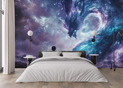 A celestial artist using a magical paintbrush creating a portrait of a mythical creature that seems to come alive on the canvas. Wall mural