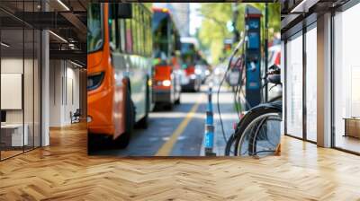 A city street lined with ecofriendly public transportation options including electric buses bike sharing stations and electric car rental services demonstrating a commitment to sustainable . Wall mural