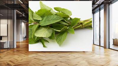 A closeup of a bundle of fresh peppermint leaves used in essential oils for its cooling and energizing effects and also a popular remedy in traditional medicine for digestive Wall mural