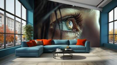 A closeup of a persons face their eyes filled with tears and emotions as they speak about their past struggles and newfound strength. Wall mural