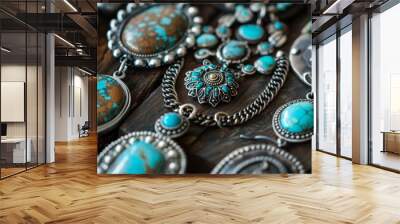 A collection of handmade jewelry featuring turquoise stones and silver accents a nod to the traditional jewelry of the Southwest. Wall mural