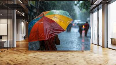 A colorful umbrella shielding a person from the heavy monsoon rains. Wall mural