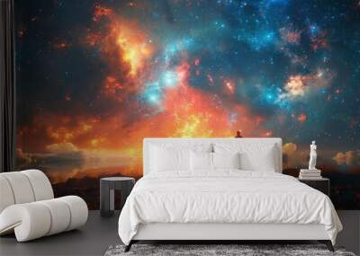 A depiction of a meditation session a the stars with the practitioner surrounded by shimmering cosmic energy and a serene sense of inner peace. Wall mural