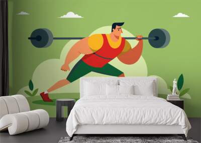 A determined athlete hauling a heavy yoke across a field in a CrossFit strength challenge.. Vector illustration Wall mural